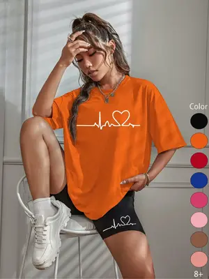 Two-Piece Set Women's Heart Print Tee & Shorts, Casual Short Sleeve T-shirt & Skinny Shorts, Ladies Sportswear for Indoor Out...