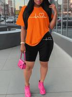 Two-piece Set Women's Heart Print Tee & Shorts, Casual Short Sleeve T-shirt & Skinny Shorts, Ladies Sportswear for Indoor Out...