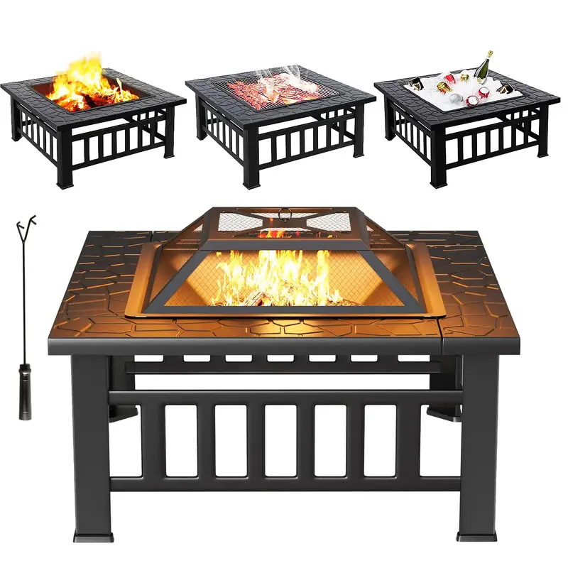Multifunctional Fire Pit Table 32in Square Metal Firepit Stove Backyard Patio Garden Fireplace for Camping, Outdoor Heating, ...