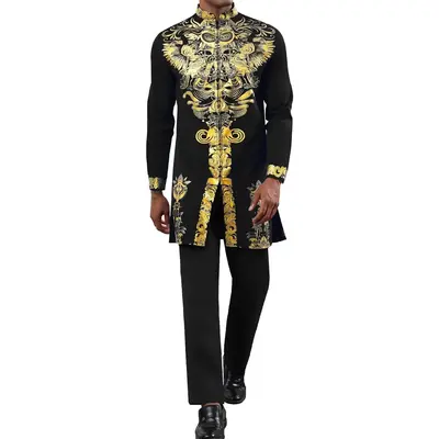 Mens African 2 Piece Set Zipper Nigerian Dashiki Metallic Shirt and Pants Outfit Gold Stamp Printed Long Suit