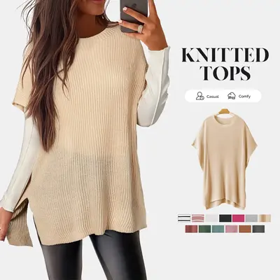 Shewin Women's Fall Oversized Knit Top Casual Crew Neck Drop Shoulder Short Sleeve with Side Slit Soft Knitwear Loose Fit for...
