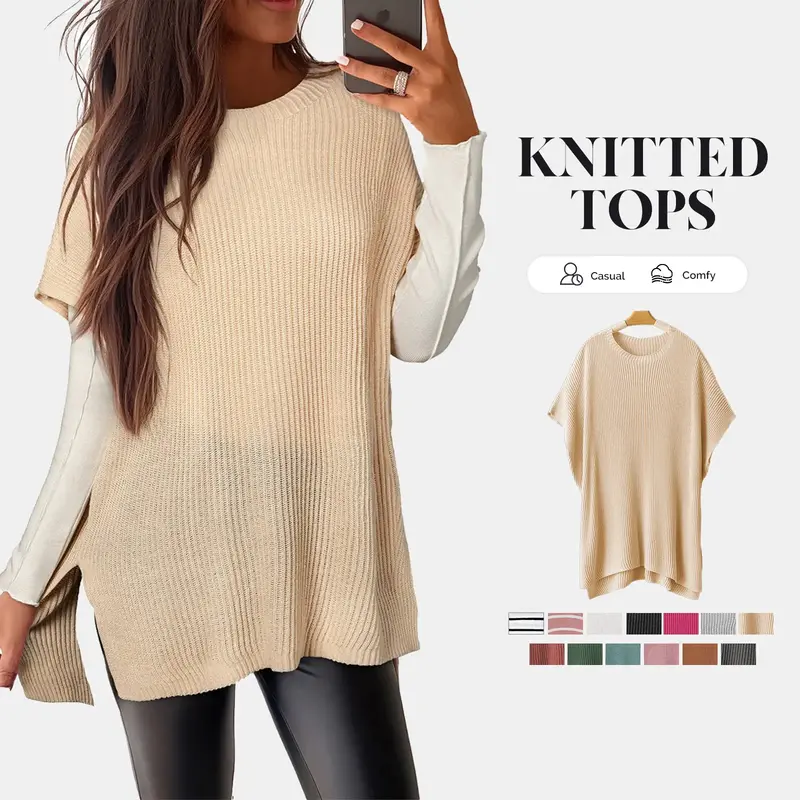Shewin Women's Fall Oversized Knit Top Casual Crew Neck Drop Shoulder Short Sleeve with Side Slit Soft Knitwear Loose Fit for...