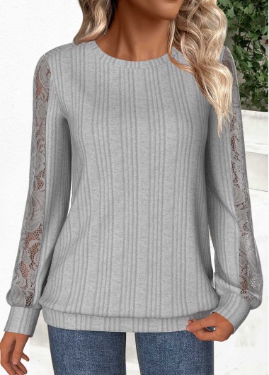 Modlily Grey Lace Long Sleeve Round Neck Sweatshirt - XL