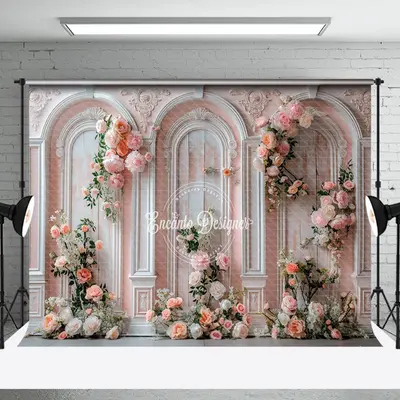 Retro Pink White Wall Floral Leaves Wedding Backdrop