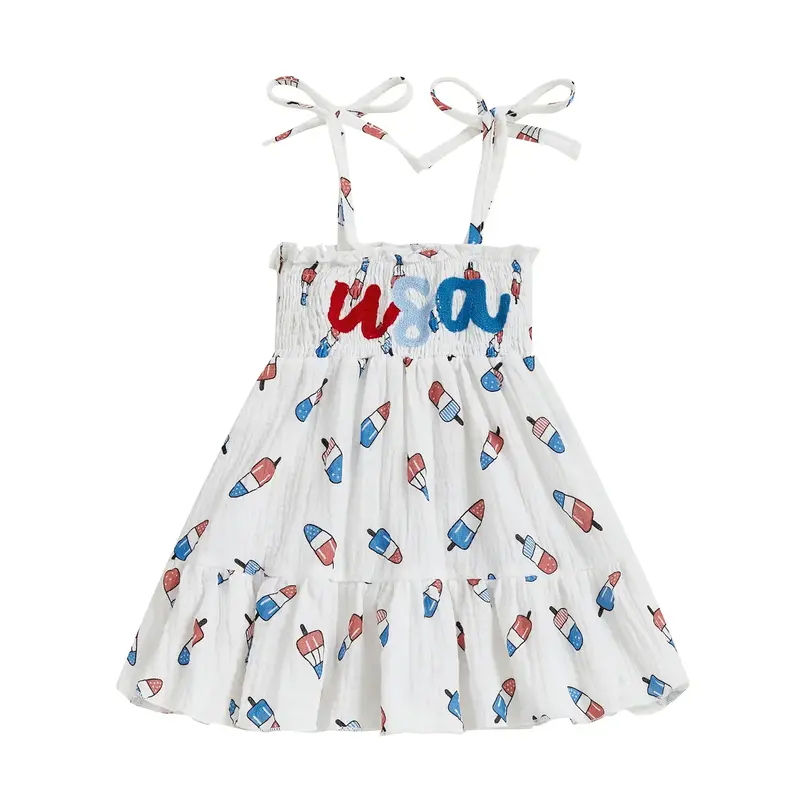 Kid Girl 4th of July Outfit Independence Day Dress Letter Embroidery Popsicle Print Sleeveless Tie-up Suspender A Line Dress