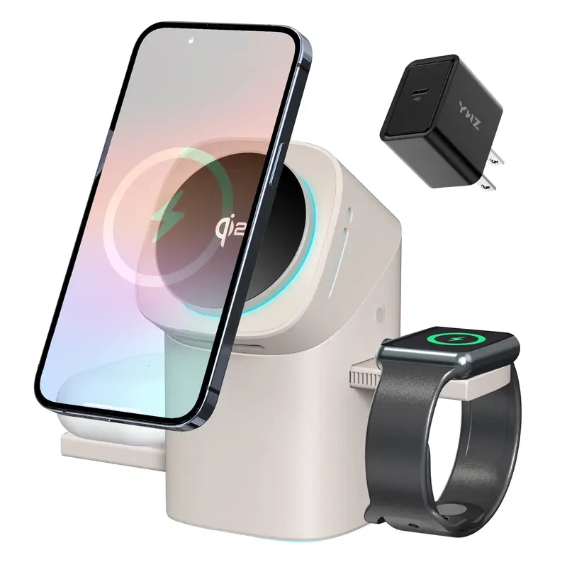 YWZ Three in One Wireless Charger Fast Charging Qi2 Certified for iPhone iWatch AirPods Magnetic One-Click System Automatic R...