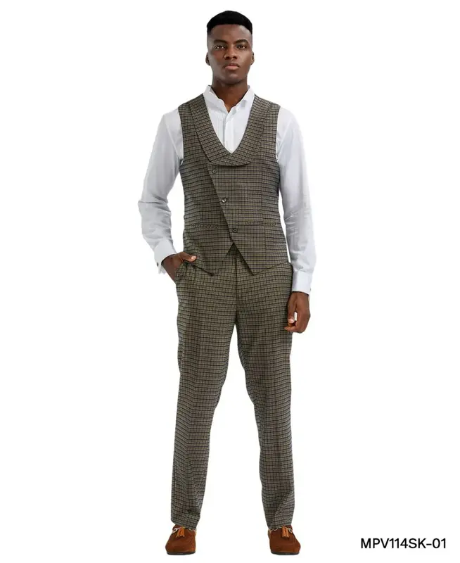 Tazio Men's 2-Piece Skinny Fit Vest Set - Tattersall Pattern