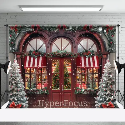 Red Wooden Lit Store Snowy Festive Christmas Backdrop - Aperturee