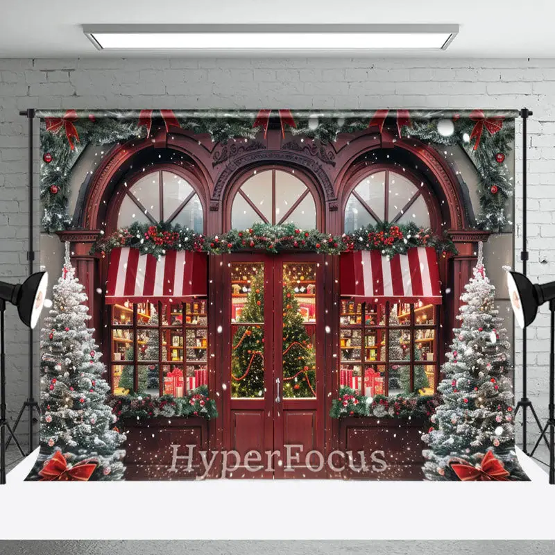 Red Wooden Lit Store Snowy Festive Christmas Backdrop - Aperturee