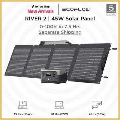 RIVER 2 243Wh with 45W/110W Portable Solar Panel, LiFePO4 Battery/ 1 Hour Fast Charging, 2 Up to 600W AC Outlets, Solar Gener...