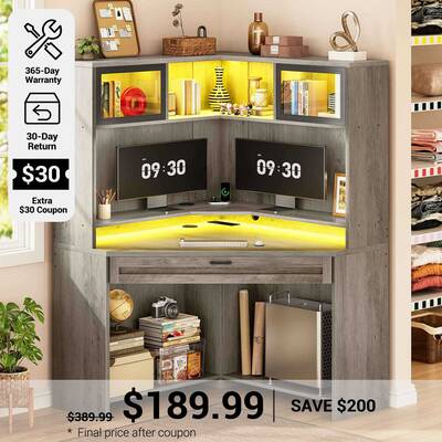 SEDETA | 31.5 Inch Corner Gaming Desk Computer Office Desk Small Space with Drawers Storage Shelves Hutch LED Lights Power St...