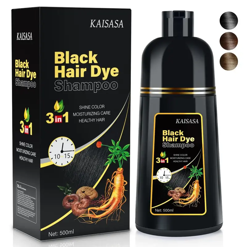 KAISASA Black 3 in 1 Hair Dye Shampoo - Herbal Ingredients Can cover gray hairs,Contains Ginseng Extract,Natural Haircoloring