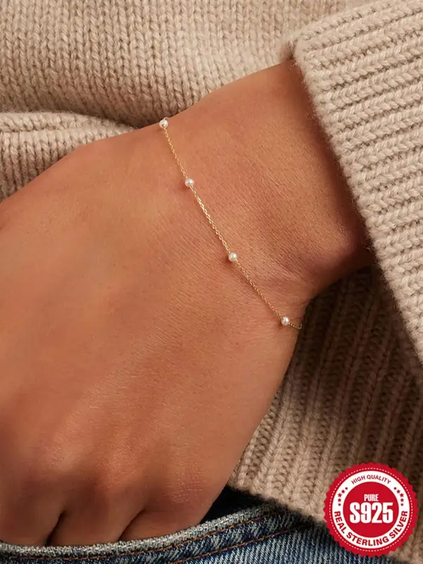 925 Sterling Silver Faux Pearl Decorated Bracelet, Fashionable Adjustable Bracelet for Women for Party, Daily Clothing Decor,...