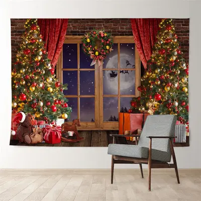 Aperturee Gold Ball Tree Wood Window Eve Christmas Backdrop