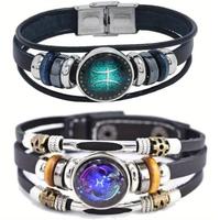 2Pcs Multilayer Constellation Zodiac Leather Bracelet Handmade Woven Zodiac Sign Wrap Bracelet Wristband for Women Men Jewelr...