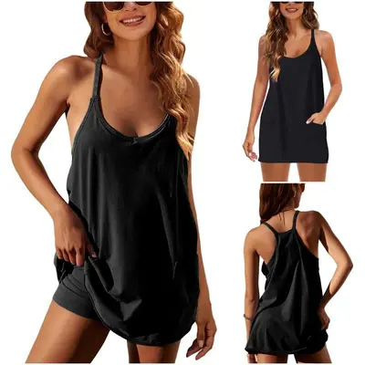 Womens Athletic Sleeveless Mini Dress with Built-in Shorts V Neck Spaghetti Strap Short Tennis Dress with Pockets