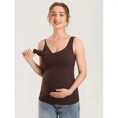 MOMANDA Natrelax Maternity Nursing Tank Tops with Built in Bra Sleeveless Casual Pregnancy Tee V Neck Workout Shirt Postpartu...