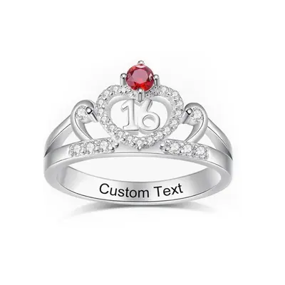 10K White Gold Cubic Zirconia Personalised Birthstone Engraving Crown Ring For Women
