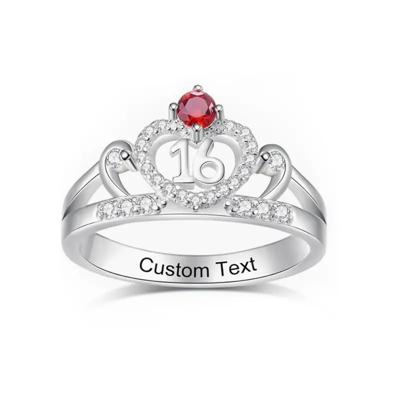 10K White Gold Cubic Zirconia Personalised Birthstone Engraving Crown Ring For Women