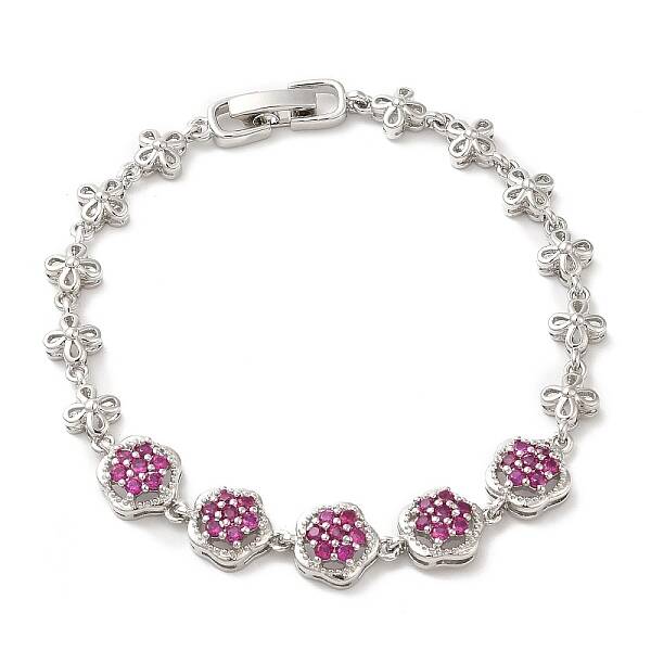Medium Violet Red Cubic Zirconia Flower Link Bracelet