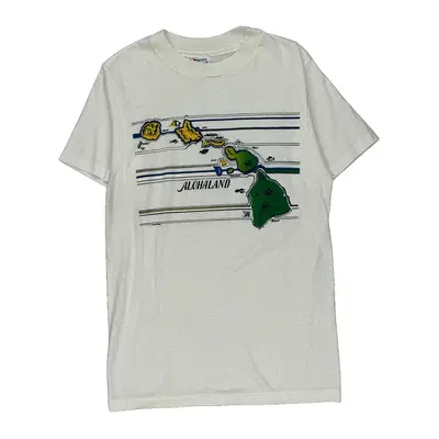 Single Stitch Hanes Graphic T-Shirt - Medium White Cotton Blend