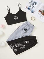 Two-Piece Set Women's Mushroom Print Super Crop Cami Top & Patchwork High Waist Pants Set, Casual Spaghetti Strap Cropped Top...