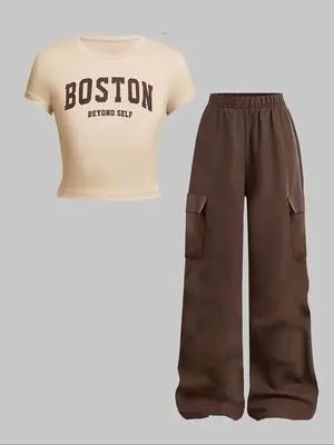 Girl's Letter Print Tee & Cargo Pants Two-piece Set, Casual Short Sleeve T-shirt & Pocket Trousers for Summer, Kids Clothes f...