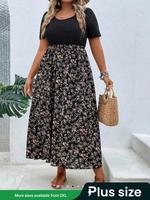 Plus Size Ditsy Floral Print Scoop Neck A Line Dress, Boho Casual Short Sleeve Long Dress for Daily Outdoor Wear, Women Plus ...