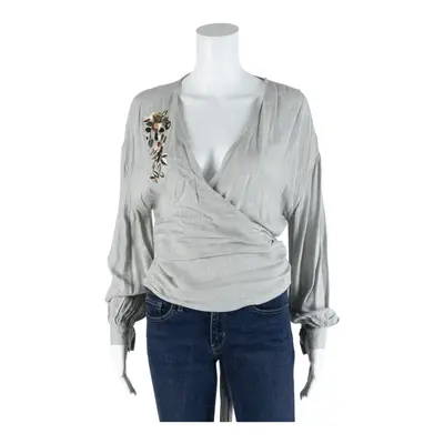 STRADIVARIUS Floral Embroidery Grey V-Neck Long Sleeve Wrap Blouse Womens S