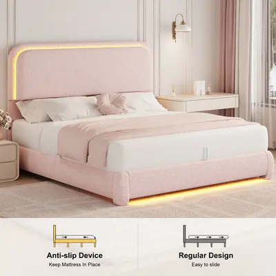 SIBEDS Queen Size Bed Frame with LED Lights, Princess Pink Teddy Fleece Rounded Corner Upholstered Platform Bedframe with Hea...