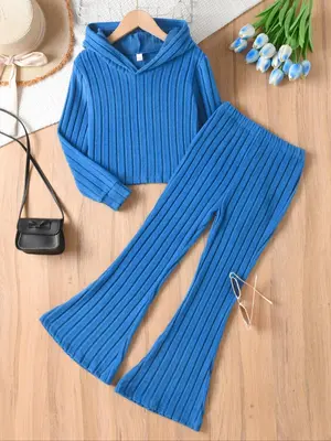 Two-piece Set Girl's Solid Hooded Sweatshirt & Elastic Waist Flare Leg Pants, Casual Fashion Cozy Outfits for Daily Outdoor W...