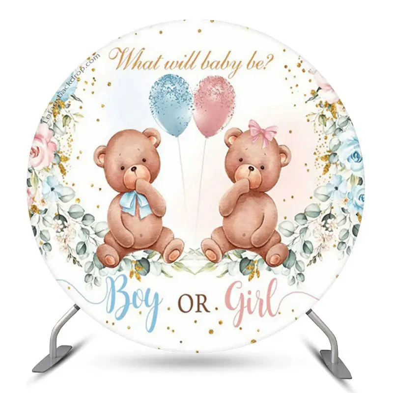 Aperturee Boy Or Girl Blue Pink Bear Floral Gender Reveal Backdrop | Round Birthday Backdrop Cover | Birthday Backdrop Ideas ...