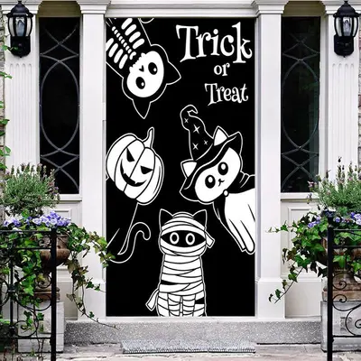 Trick Or Treat White Black Cats Halloween Door Cover