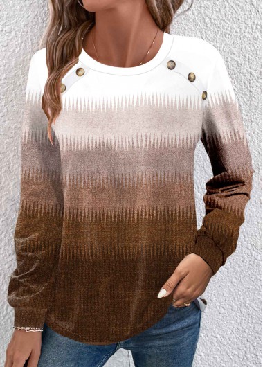 Modlily Dark Camel Button Ombre Long Sleeve T Shirt - XL