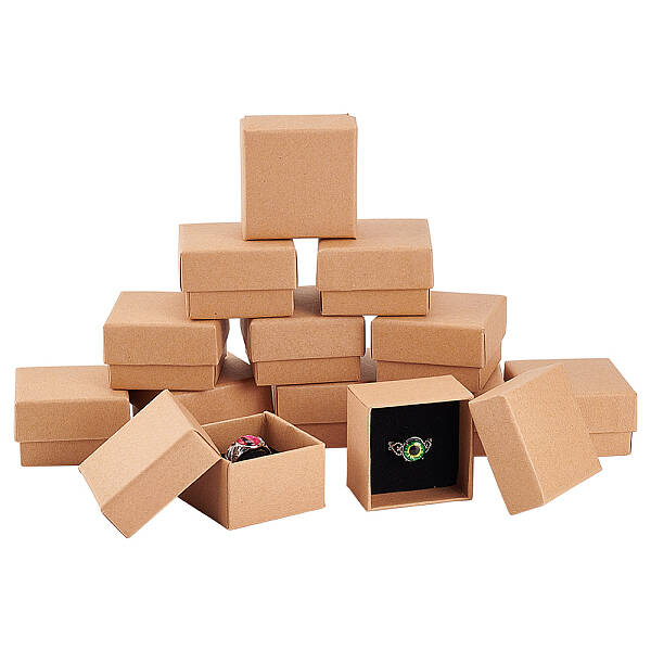 BENECREAT 24 Pack Ring Box 5x5x3cm Kraft Brown Square Cardboard Jewelry Boxes Small Gift Box for Wedding Party Birthdays