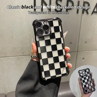 Black checkered four-corner drop-proof TPU phone case for iPhone Samsung Galaxy 17 Air 16Pro Max 15 14Plus 13 12 11 XR XS S25...