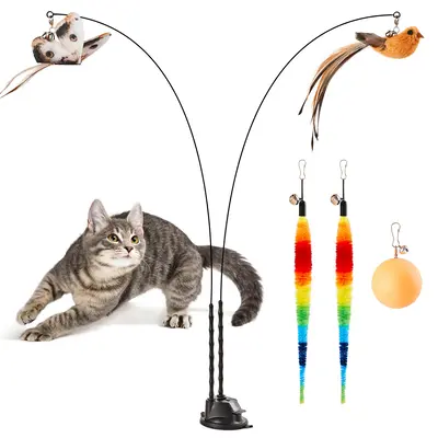 Potaroma Suction Cup Cat Wand Toys, Dual-Wand Kitten Toy for Indoor Cats with 5 Pcs Feathers Balls Attachments, Charcoal Base