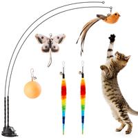 Potaroma Suction Cup Cat Wand Toys, Dual-Wand Kitten Toy for Indoor Cats with 5 Pcs Feathers Balls Attachments, Charcoal Base
