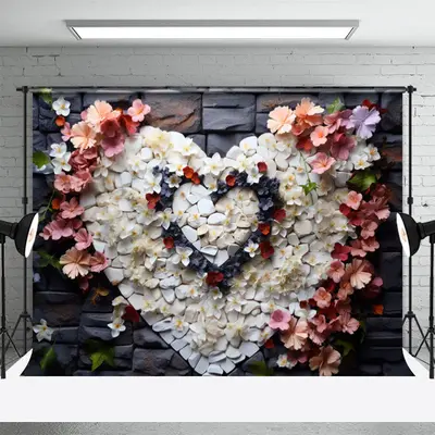 White Cobble Heart Flowers Valentines Day Backdrop - Aperturee