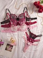 Women's Floral Embroidery Sheer Lace Bra & Thong Set, Sexy Adjustable Strap Backless Bra & Panty Underwear Sets, Lingerie Set...