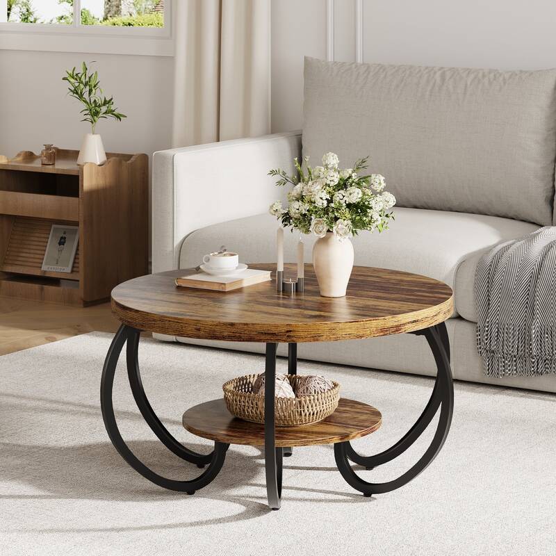 Garvee 30 Round Industrial Coffee Table with 2 Tiers – Adjustable Feet, Wooden Grain Design and Storage Shelf for Living R...