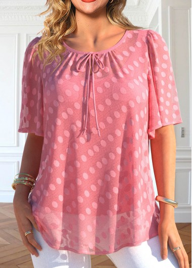 Modlily Peach Red Layered Short Sleeve Round Neck Blouse - XXL