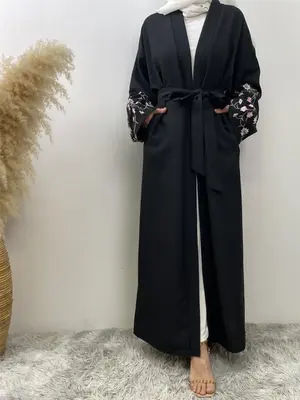 Women's Floral Embroidery Belted Abaya, Modesty Casual Long Sleeve V Neck Abaya for Spring & Fall, Women's Islamic Clothing ...