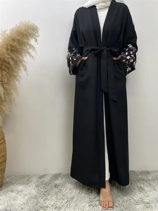 Women's Floral Embroidery Belted Abaya, Modesty Casual Long Sleeve V Neck Abaya for Spring & Fall, Women's Islamic Clothing ...