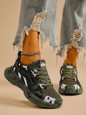 Women's Fashionable Army Shoes, Camo Print Lace Up Low Top Sneakers, Casual Sporty Contrast Mesh Runner Shoes for Women, Walk...