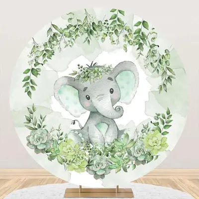 Green Elephant Floral Round Baby Shower Backdrop - Aperturee