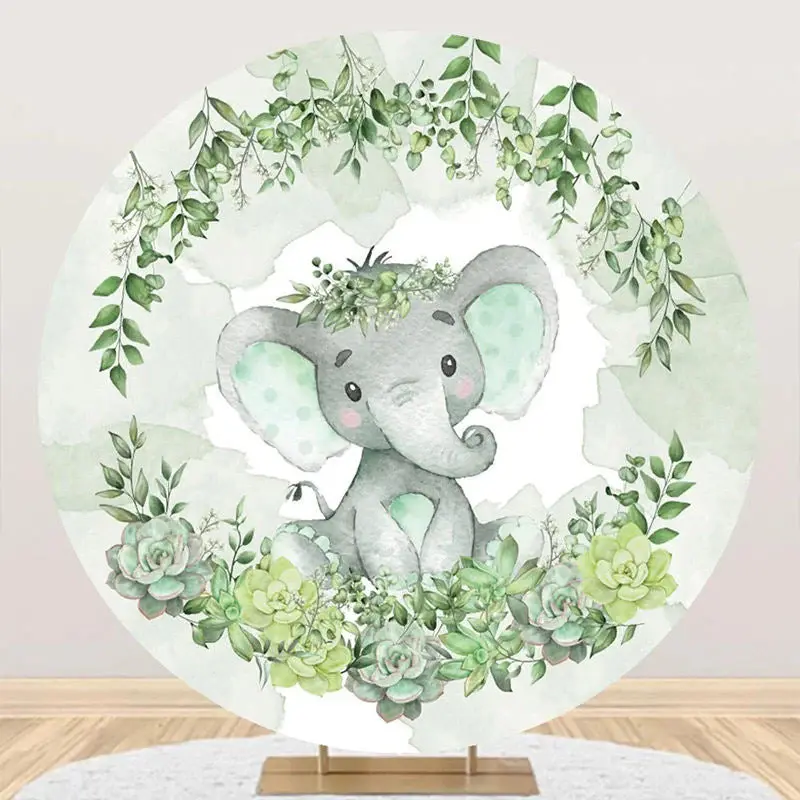 Green Elephant Floral Round Baby Shower Backdrop - Aperturee