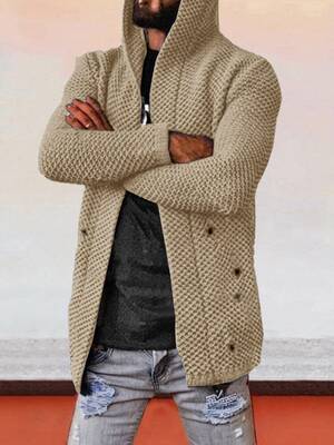 Solid Hooded Holey Sweater Coat, Khaki / XXXL