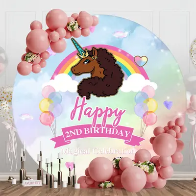 Brown Unicorn Rainbow Round 2nd Birthday Backdrop