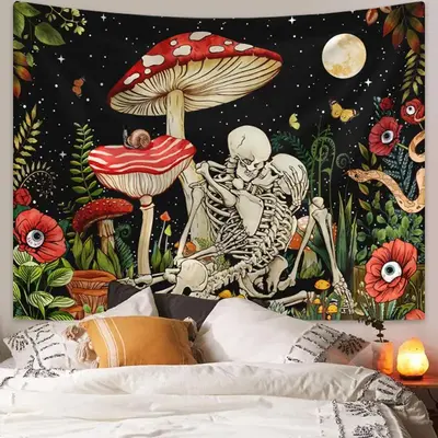 Mushroom & Bone Printed Tapestry, 1 Piece Fantasy Flower Plant Aesthetics Tapestry, Home Decoration Pendant, Halloween